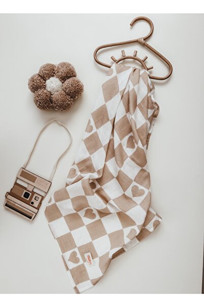 Muukh store Çift Kat Müslin Örtü - Kahve Dama - 100cm*100cm