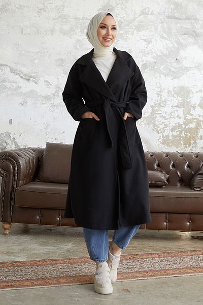 InStyle Mabel Belted Stamp Coat - Black