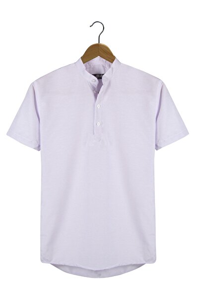 VEAVEN Erkek Lila Hakim Yaka Yarım Patlı Ekoseli Kısa Kollu Slim Fit Gömlek