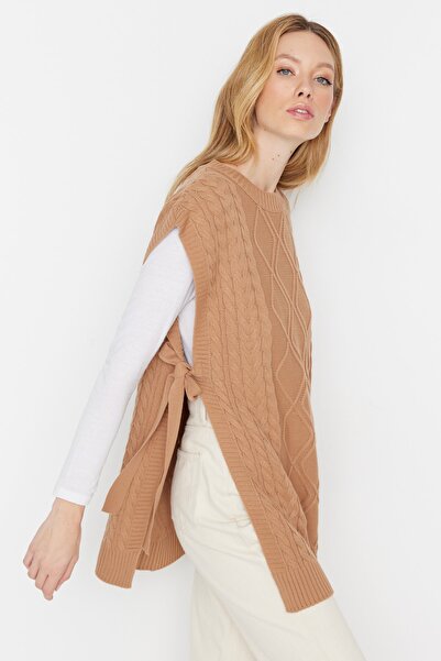 Trendyol Modest Mink Waist Tie Braided Knitwear Sweater TCTAW22UV0018
