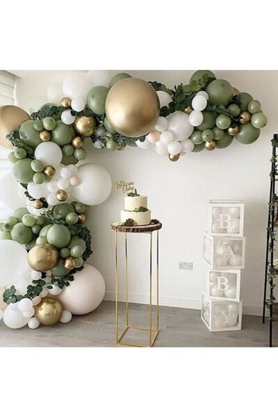 Çemrek Süs Parti Küf Yeşili Okaliptüs Gold Krom Beyaz Balon Zinciri Seti Doğu...