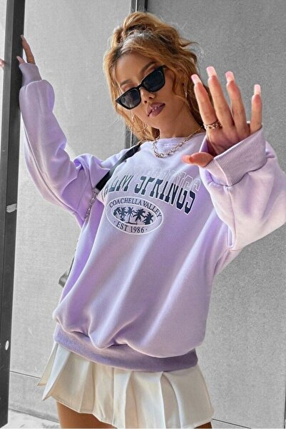 MODAGEN Φούτερ Unisex Lilac Palm Springs με στάμπα Oversize Crew Neck