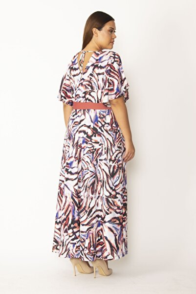 Şans Tekstil Női színes, behúzható gallérral ellátott derékpánt, hajlított ujjú hosszú ruha 26a28549