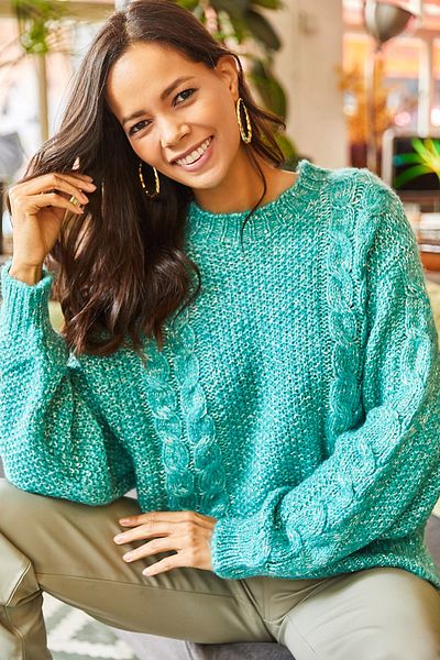 Olalook Mintgrüner Strickpullover mit Rundhalsausschnitt und Fledermausmotiv für Damen, weich strukturiert, mit Pailletten, KZK-19000506