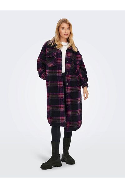 ONLY سترة Onlandrea X-long Shacket Cc Otw بياقة قميص ونمط منقوش وجيب مزدوج