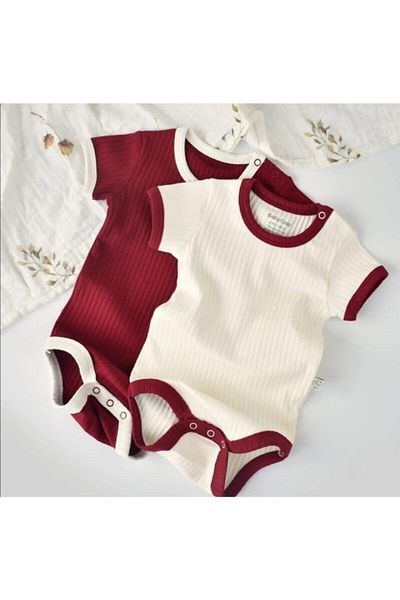 BabyCosy Ribana 2-pack كم قصير بادي (EKRU-BORDO) - Csyr4201 - Rebebe