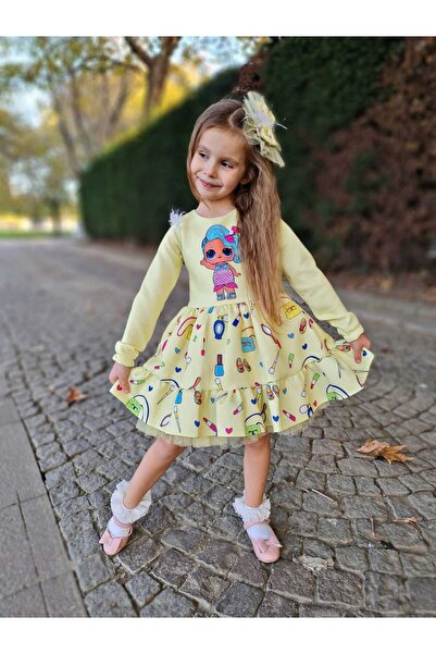 Sare Çocuk Giyim Girl's Skirt Ruffle Character Printed Yellow Princess Dress