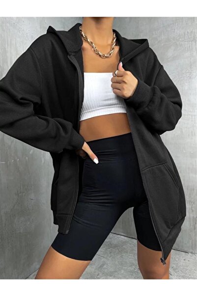 Touz Moda Dompuleri Fashion Street Style Plain Oversize Black Unisex Hooded Cardigan