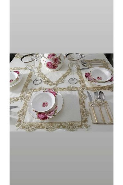 Lady Rio American Serving Embroidered Plate and Runner Set, Table and Presentation Set for 6 Persons, Ecru-gold Color