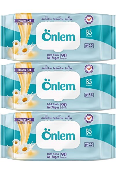 ÖNLEM مناديل مبللة 90 ورقة من خلاصة البابونج مجموعة من 3 قطع 270 ورقة بغطاء ب...