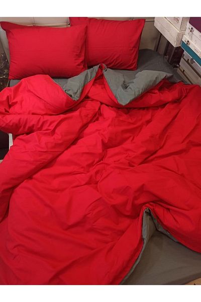 ŞENER HOME Double Sided Useable Sheet Elastic Double Duvet Cover Set - Red, Gray