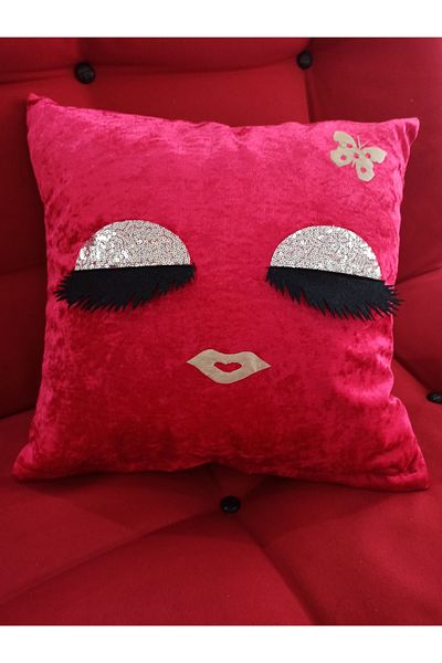 ŞENER HOME Sequined Throw Pillow Case with Eyelashes 43x43 Cm. - Red