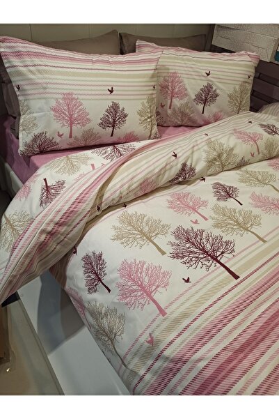 ŞENER HOME Βαμβακερό Σετ Παπλωματοθήκη με μοτίβο New Life Tree - Ροζ, Dusty Rose