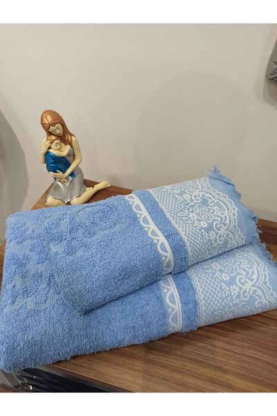 ŞENER HOME Set de baie turcească cu franjuri, 2 piese, prosop de baie și cap - albastru