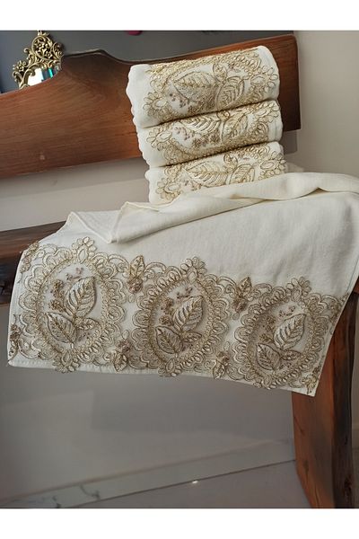 ŞENER HOME Leaf Lace Dowry Velvet 50x90 Πετσέτα Χεριών & Προσώπου - Κρεμ Καφέ