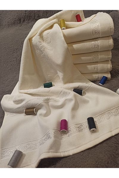 ŞENER HOME Set of 6 Etamine Embroidered Cream Velvet 50x90 Hand & Face Towels with Gaps