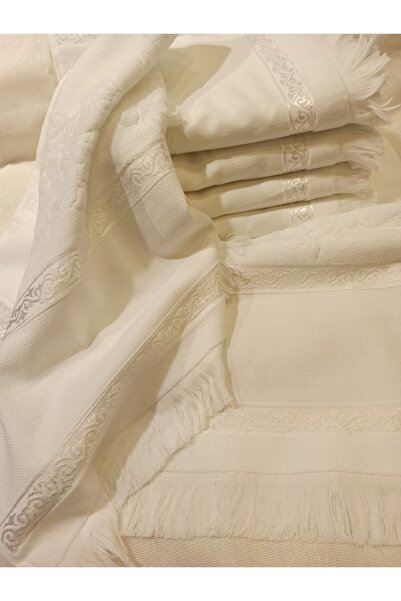 ŞENER HOME 50x90 Білий оксамитовий рушник для рук і обличчя - 6 штук з бахромою та проміжками, з вишивкою з мережива