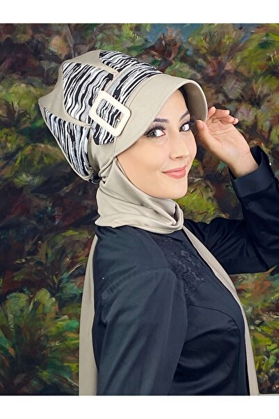 BUTİKAMBAR Damla Model Çizgili Taş Rengi Tesettür Şapka Şal