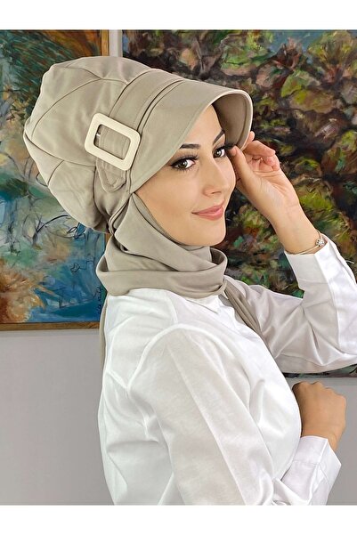 BUTİKAMBAR Taş Rengi Tokalı Şapka Şal