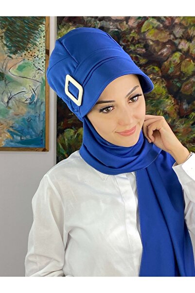 BUTİKAMBAR Saks Mavisi Tokalı Şapka Şal