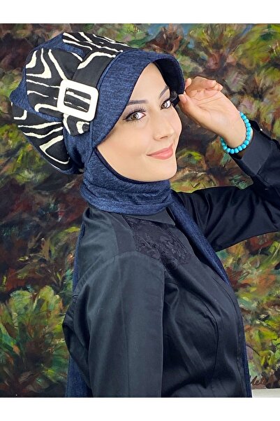 BUTİKAMBAR Damla Model Zebra Desenli Lacivert Tesettür Şapka Şal