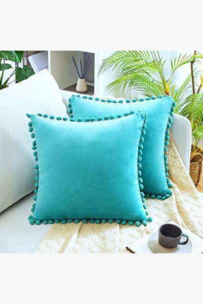 Bc Home Set of 2 Turquoise Small Pompom Soft Textured Throw Pillow Covers, Pl...