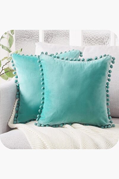 Bc Home Set of 2 Mint Little Pompom Soft Textured Throw Pillow Covers, Plain,...