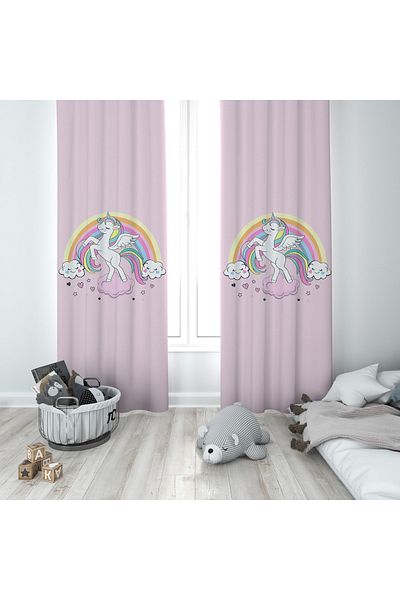 BAMBAŞKA MODA Baby and Children's Room Unicorn and Rainbow Two Wing Background Curtain Bmfp-250