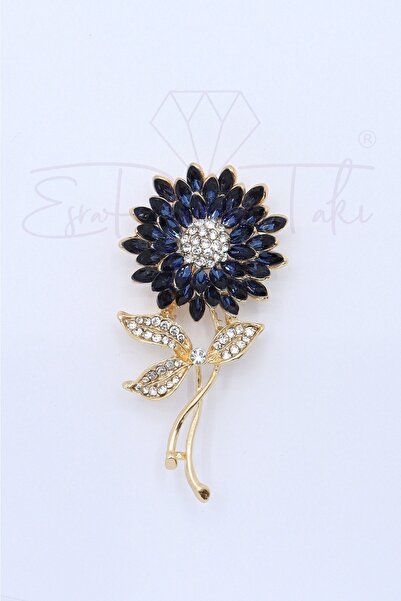 Esra Pamir Lacivert Taşlı Altın Renk Çiçek Broş