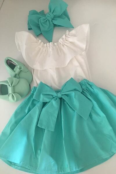 özge başaran Baby Girl Mint Green Skirt, White Blouse and Bow Bandana