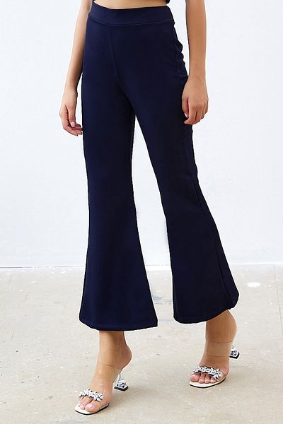 InStyle High Waist Flared Leg Double Fabric Trousers - Dark Navy Blue
