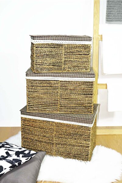 SepetçiBaba Hasır Yatay 3'lü Çamaşır Sepeti Çok Amaçlı Sepet Yeşil