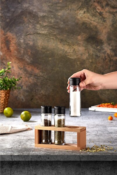 Miraç طقم فلفل ملح مكون من 3 قطع من Hauspec - وعاء توابل وحامل خشبي