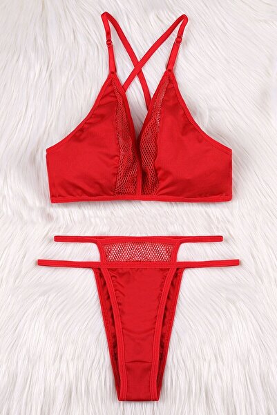 Genel Markalar Kadın Siyah File Detaylı Seksi Fantezi Sütyen Külot Bikini-iç Çamaşır Takımı