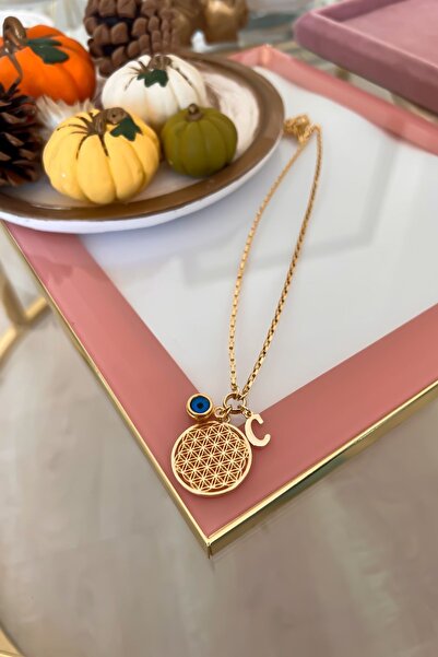 Trendy Butik Kişiye Özel C Harfli Ve Nazar Sallantılı Yaşam Çiçeği Kolye