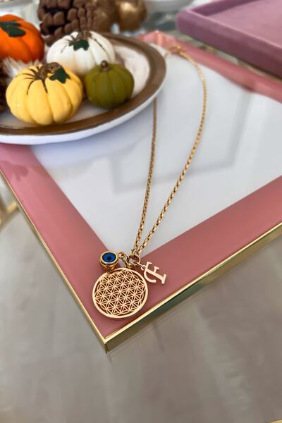 Trendy Butik Kişiye Özel F Harfli Ve Nazar Sallantılı Yaşam Çiçeği Kolye