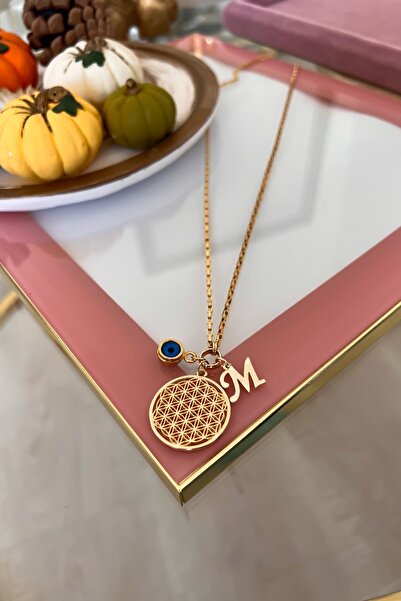 Trendy Butik Kişiye Özel M Harfli Ve Nazar Sallantılı Yaşam Çiçeği Kolye