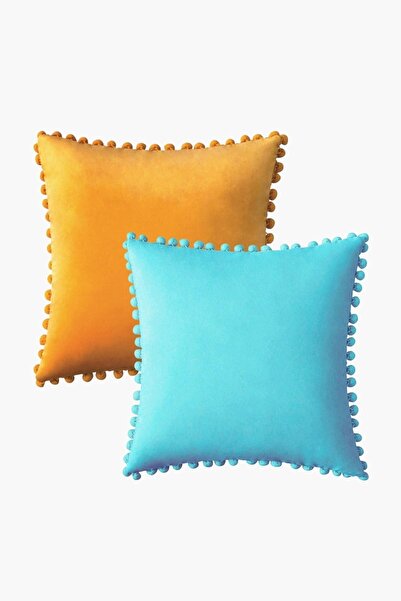 Bc Home 2-Piece Yellow - Turquoise Small Pompom Soft Textured Throw Pillow Co...