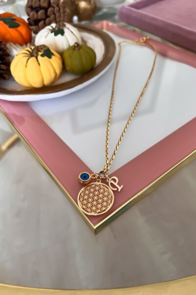 Trendy Butik Kişiye Özel P Harfli Ve Nazar Sallantılı Yaşam Çiçeği Kolye