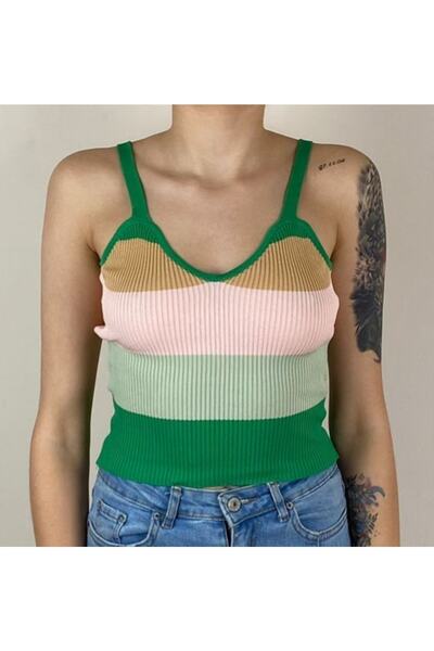 Yasminyes Renkli V Yaka Askılı Yarı Likralı Polyester Esnektriko Atlet Nek