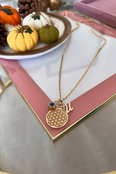 Trendy Butik Kişiye Özel U Harfli Ve Nazar Sallantılı Yaşam Çiçeği Kolye