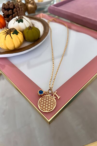Trendy Butik Kişiye Özel T Harfli Ve Nazar Sallantılı Yaşam Çiçeği Kolye