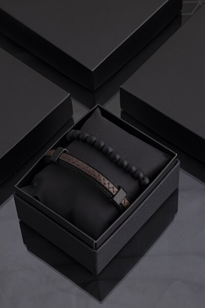 Sortie Aksesuar Hakiki Deri Ve Doğal Taş Erkek Kombin Bileklik Seti 002