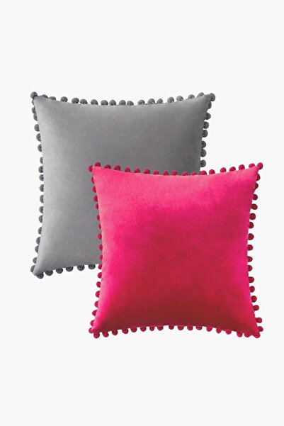 Bc Home 2-Piece Gray - Fuchsia Small Pompom Soft Textured Throw Pillow Cover ...