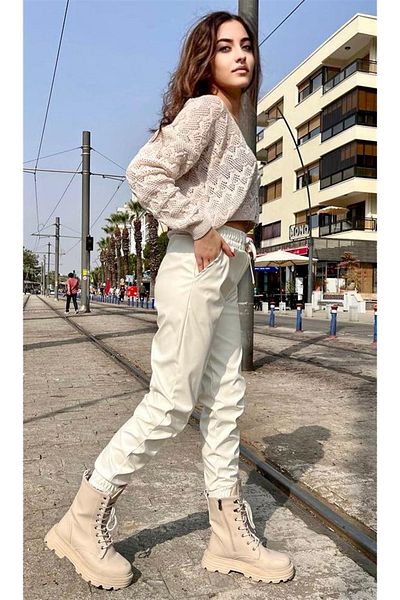 Melike Yıldız Women's Ecru High Waist Lace up Leather Look Jogger Pants