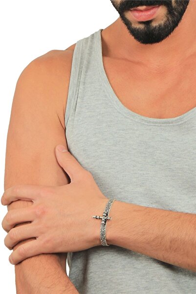 LABALABA Erkek Antik Gümüş Kaplama Ayarlanabilir Açık Band Haç Figürlü Bileklik