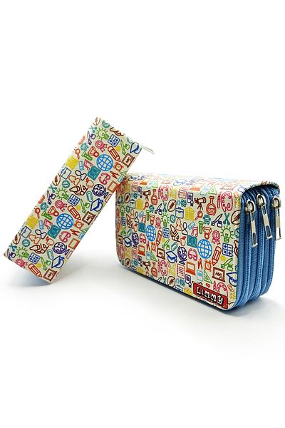 Limmy Μολυβοθήκη Icon School Pattern Kawai Organizer Θήκη μολυβιών Vegan Δερμάτινη θήκη για στυλό τριών θέσεων