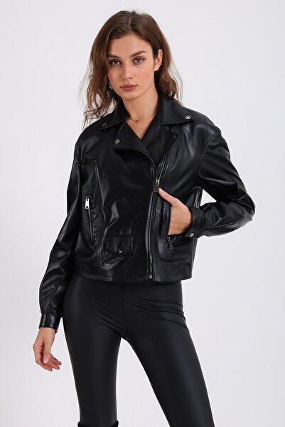 Leather Club Siyah Oversize Deri Ceket