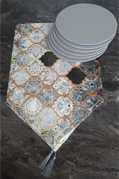 dehaberk Gray Black Motif Moroccan Pattern Runner + 6 Pieces Gray Placemat Set