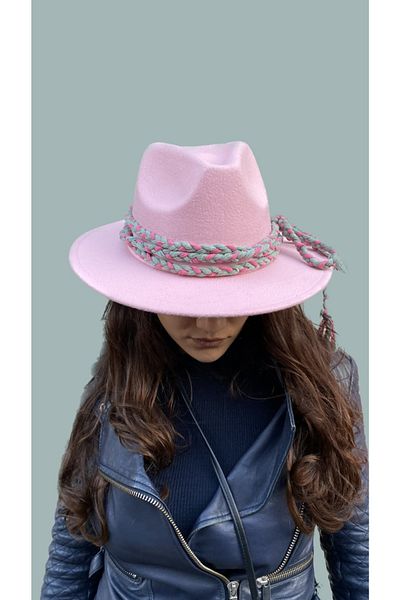 laviyonsa Pink Special Design Knit Accessory Cowboy Felt Hat
